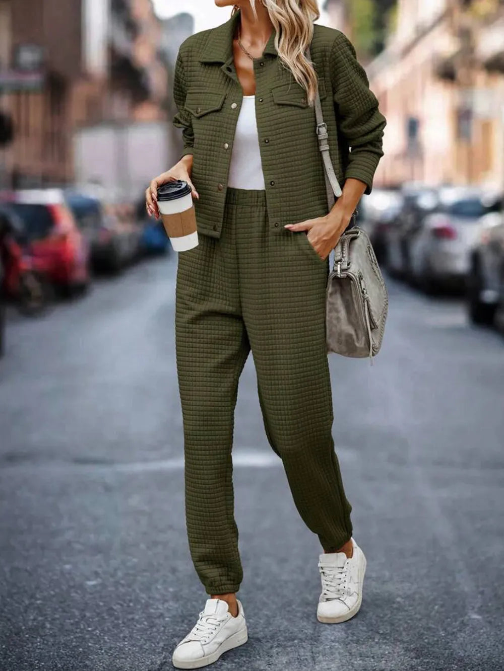 Plaid Texture Snap Down Top and Pants Set-Nordavory