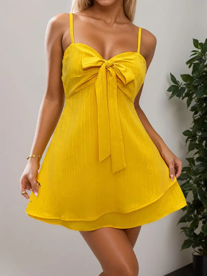 Layered Sweetheart Neck Bow Front Mini Cami Dress-Nordavory