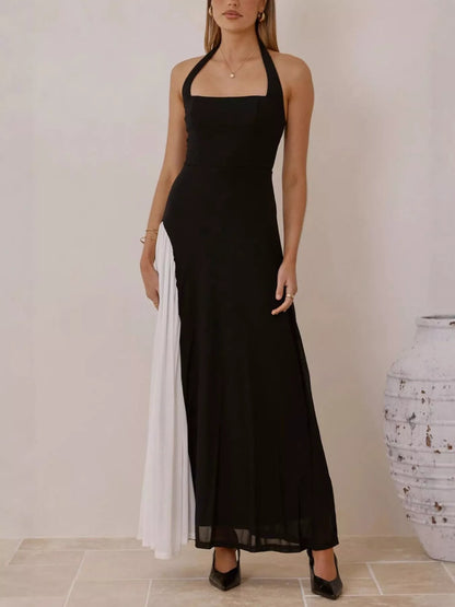Contrast Halter Neck Maxi Dress-Nordavory
