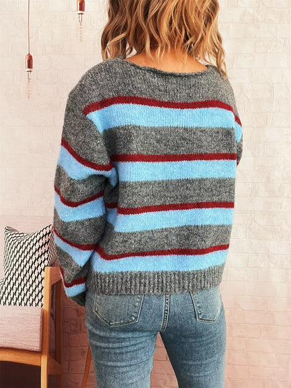 Striped Round Neck Long Sleeve Sweater-Nordavory