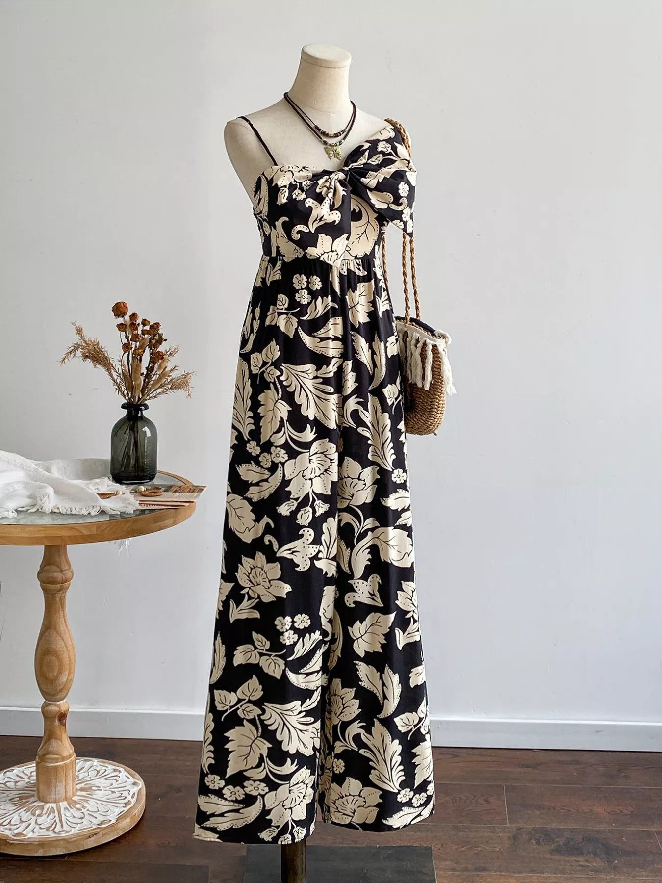 Floral Print Bowknot Wide Leg Jumpsuit-Nordavory