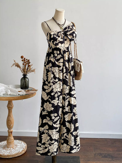 Floral Print Bowknot Wide Leg Jumpsuit-Nordavory