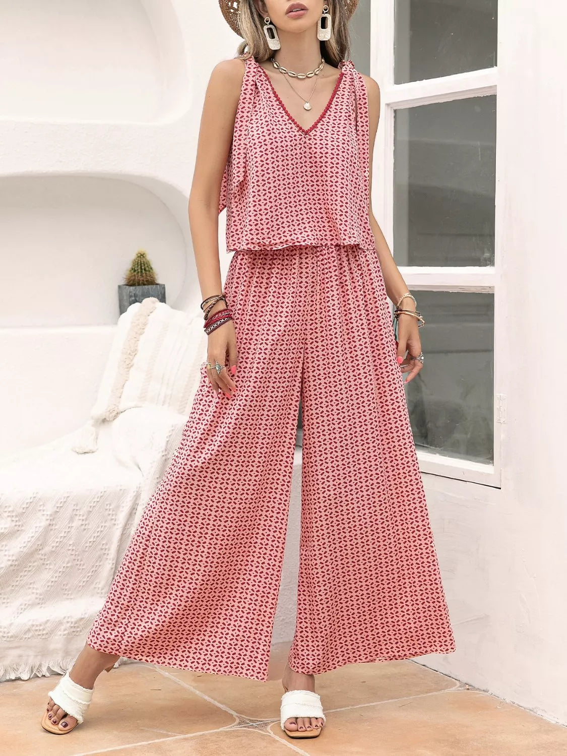 Gingham Tie Shoulder Top and Pants Set-Nordavory