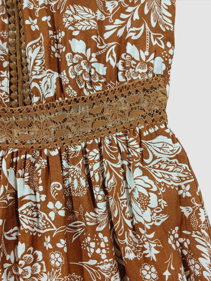 Lace Detail Printed Short Sleeve Midi Dress-Nordavory