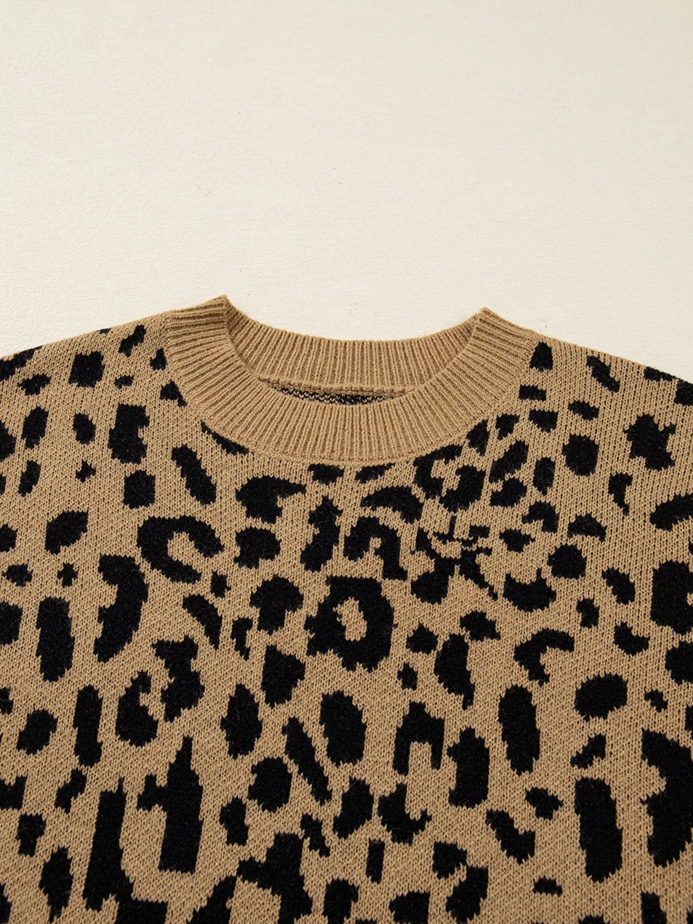 Ribbed Trim Round Neck Leopard Drop Shoulder Sweater-Nordavory