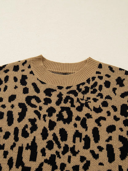 Ribbed Trim Round Neck Leopard Drop Shoulder Sweater-Nordavory
