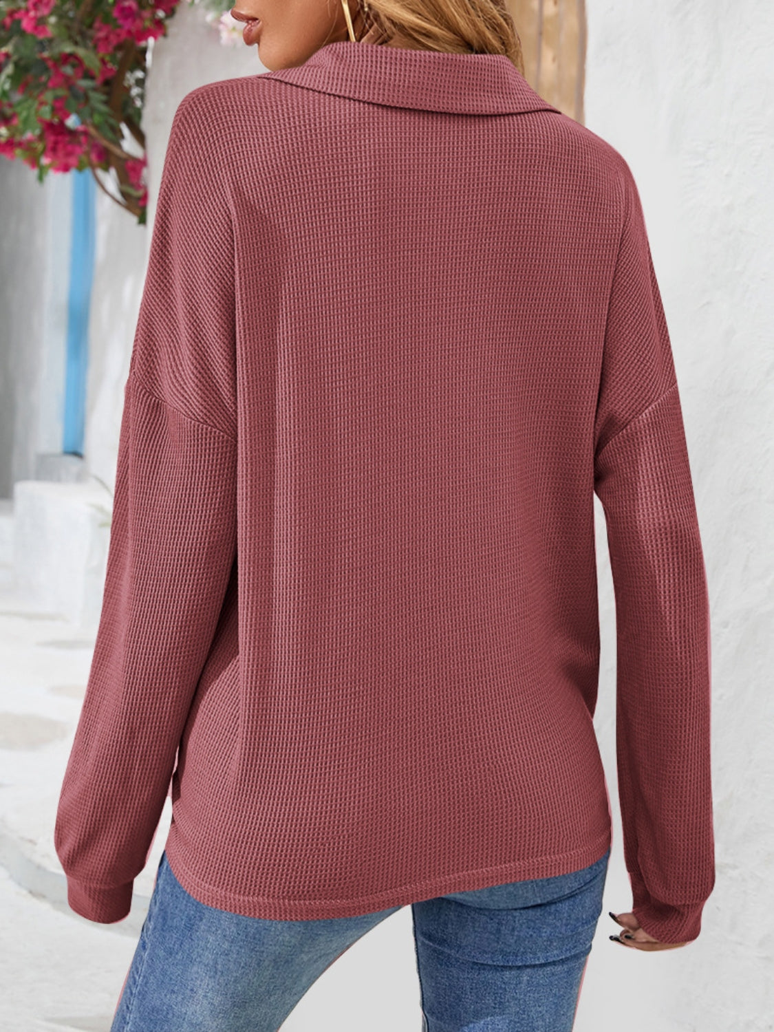 Half Button Collared Neck Long Sleeve Top-Nordavory