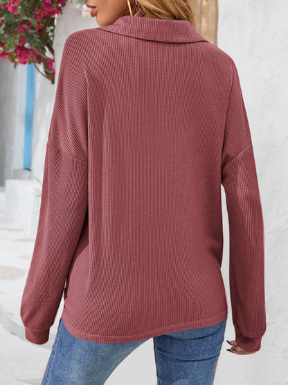 Half Button Collared Neck Long Sleeve Top-Nordavory