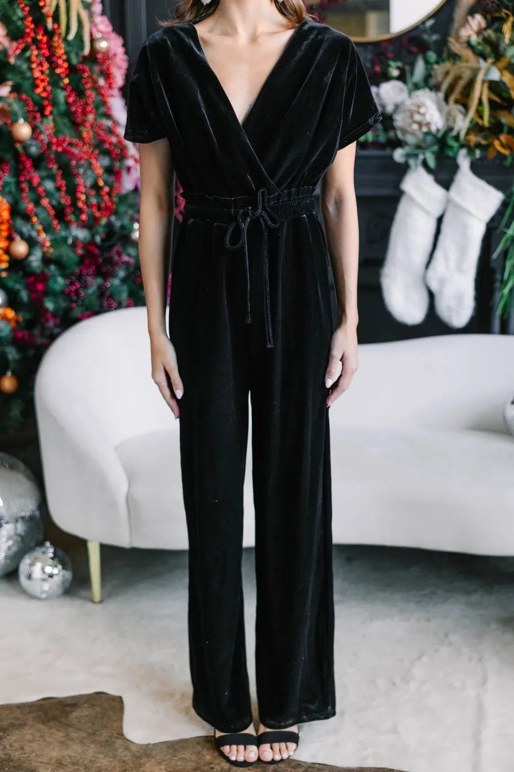 Drawstring Surplice Short Sleeve Jumpsuit-Nordavory