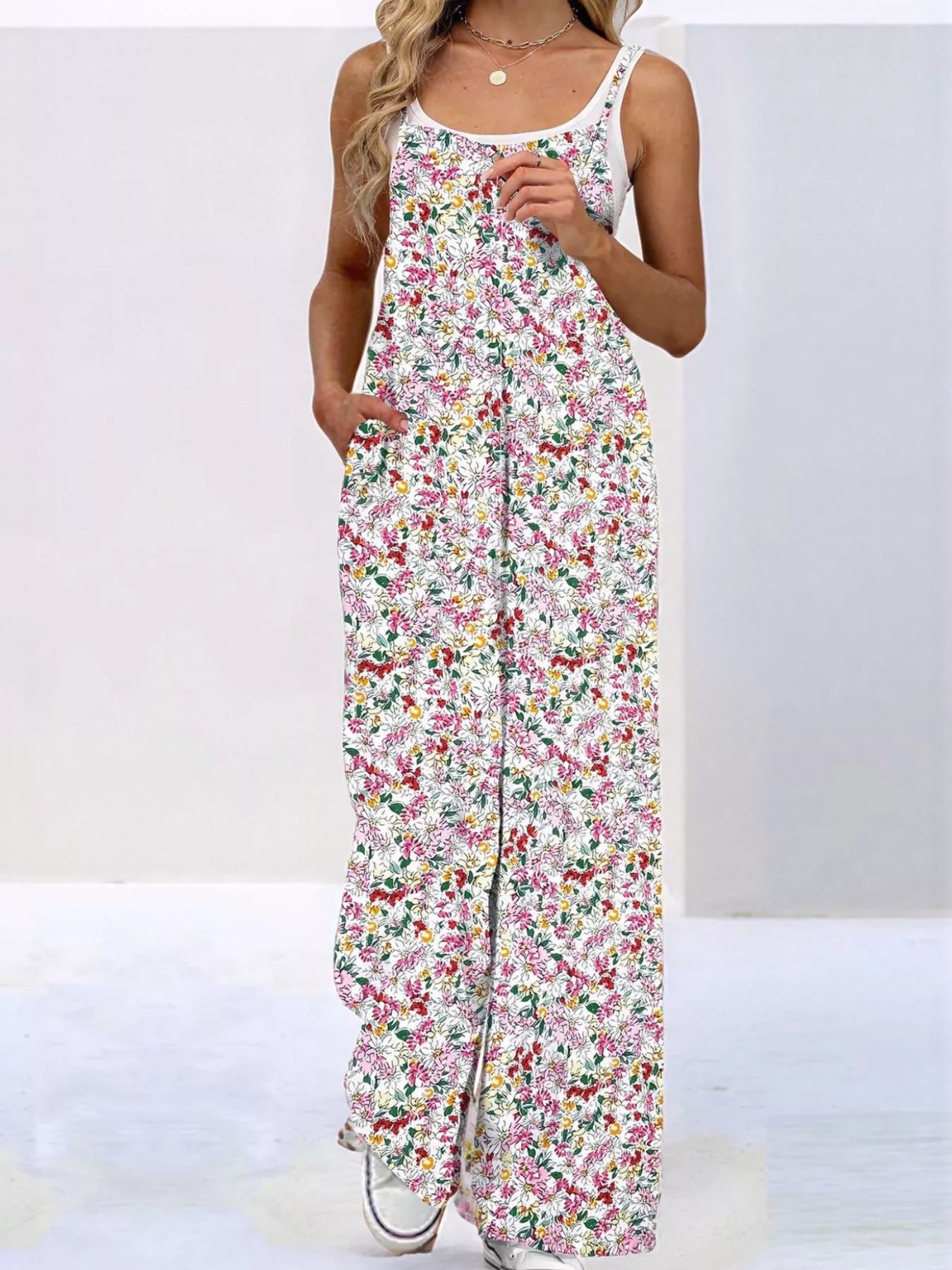 Full Size Floral Print Wide Leg Casual Jumpsuit Plus Size-Nordavory
