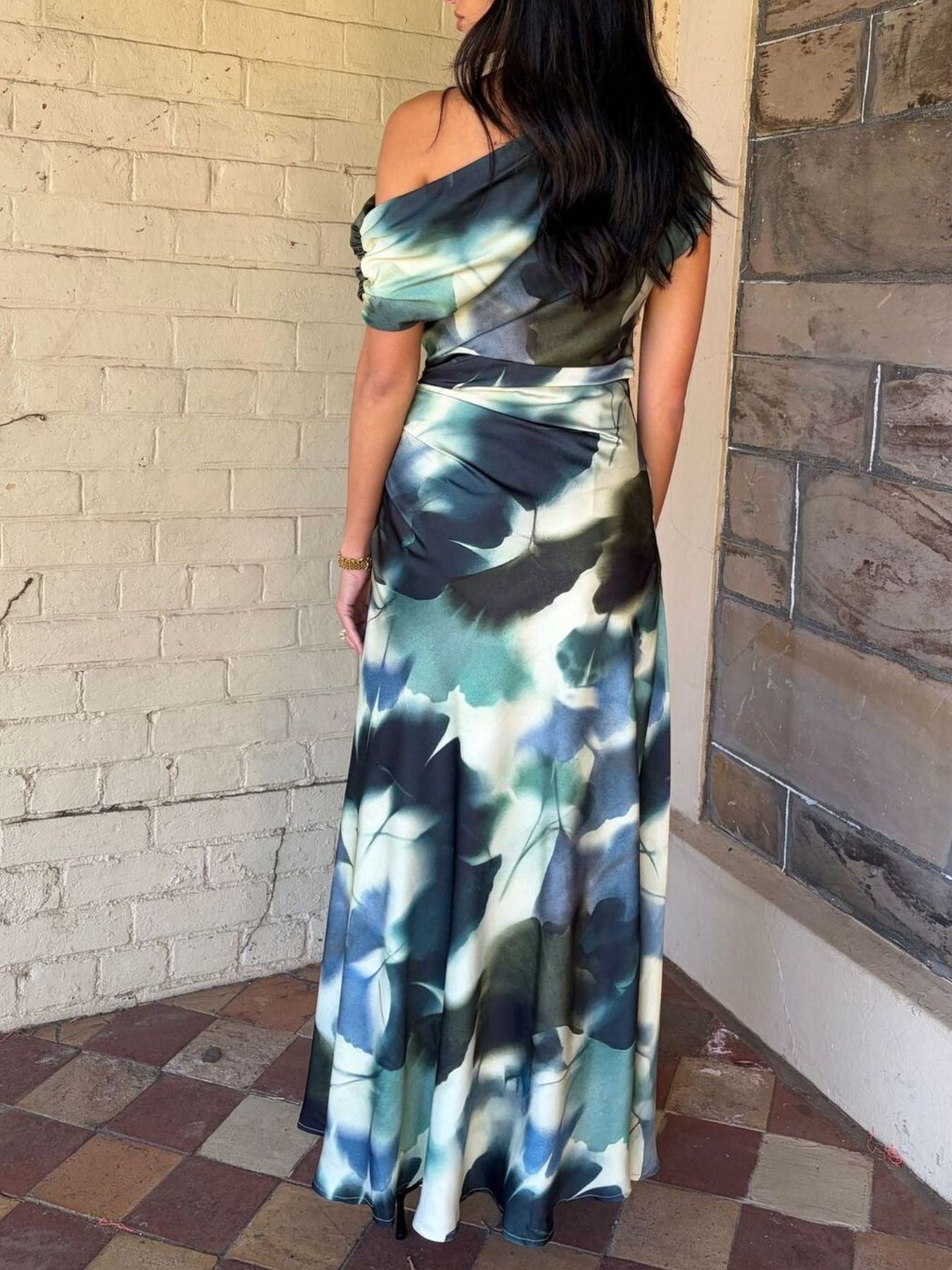 One-Shoulder Floral Print Maxi Dress-Nordavory