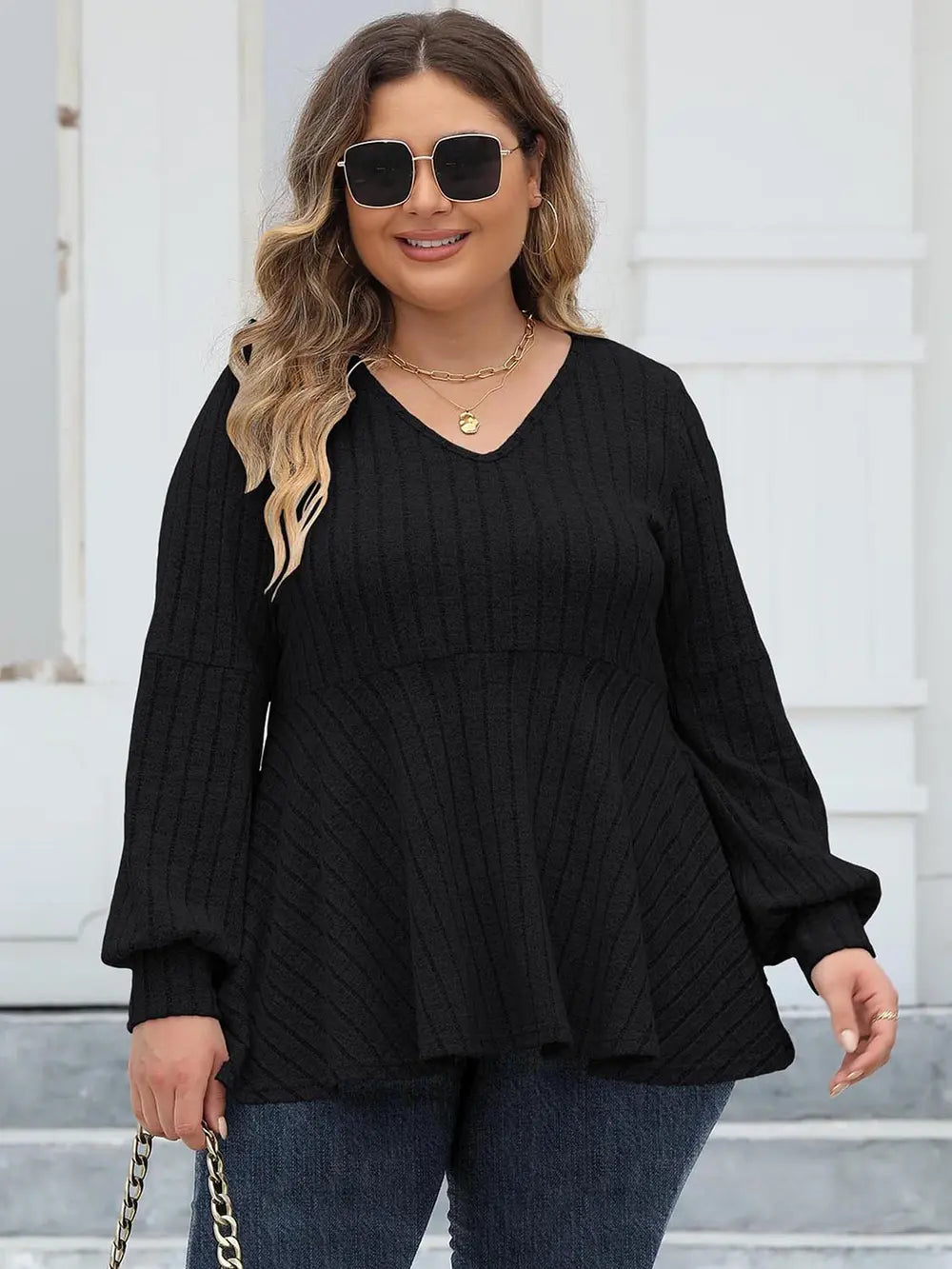 Plus Size Ribbed V-Neck Long Sleeve Blouse-Nordavory