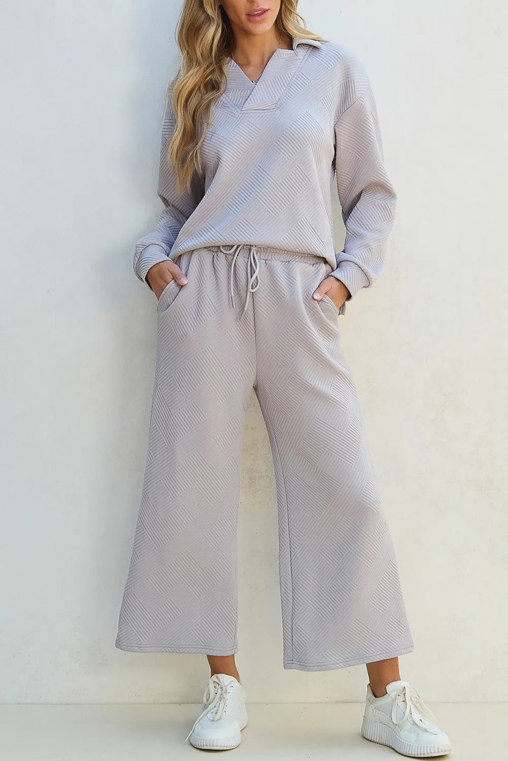 Textured Long Sleeve Top and Drawstring Pants Set-Nordavory