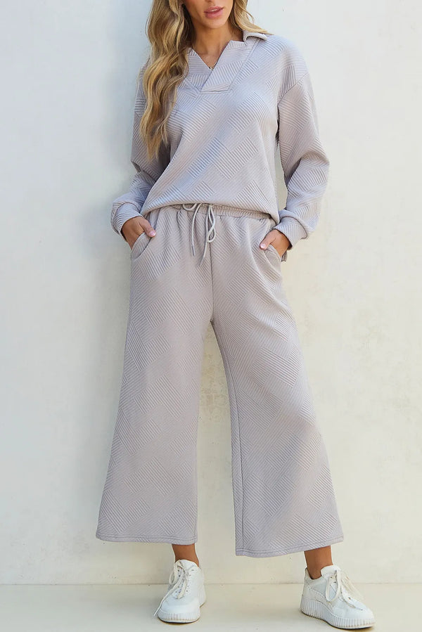 Textured Long Sleeve Top and Drawstring Pants Set-Nordavory