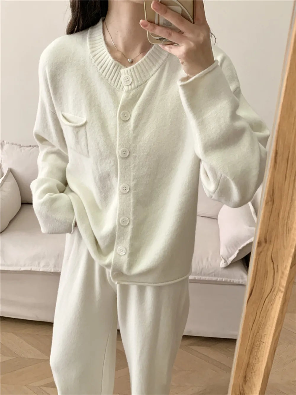 Pocketed Round Neck Button Up Cardigan and Pants Sweater Set-Nordavory