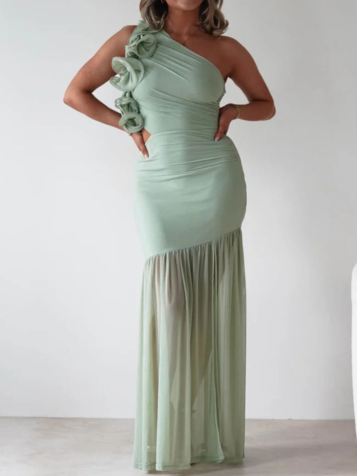One-Shoulder Ruffle Trim Maxi Dress-Nordavory