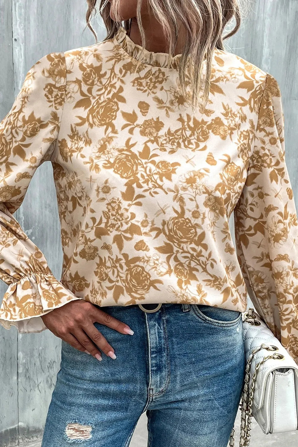 Floral Print Mock Neck Flounce Sleeve Blouse-Nordavory