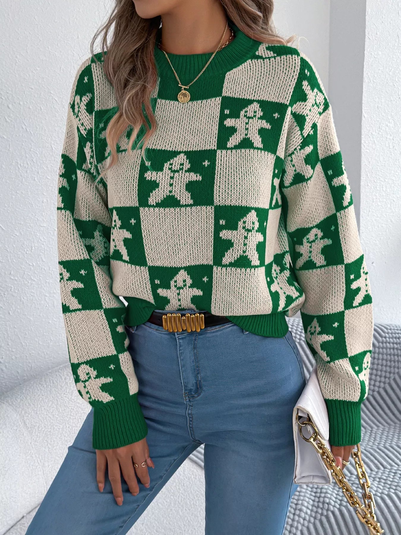 Christmas Checkerboard Gingerbread Round Neck Sweater-Nordavory