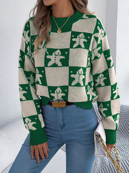 Christmas Checkerboard Gingerbread Round Neck Sweater-Nordavory