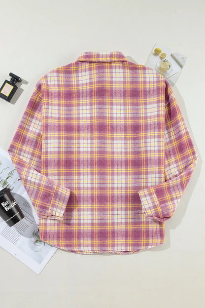 Plaid Collared Neck Button Up Shacket-Nordavory