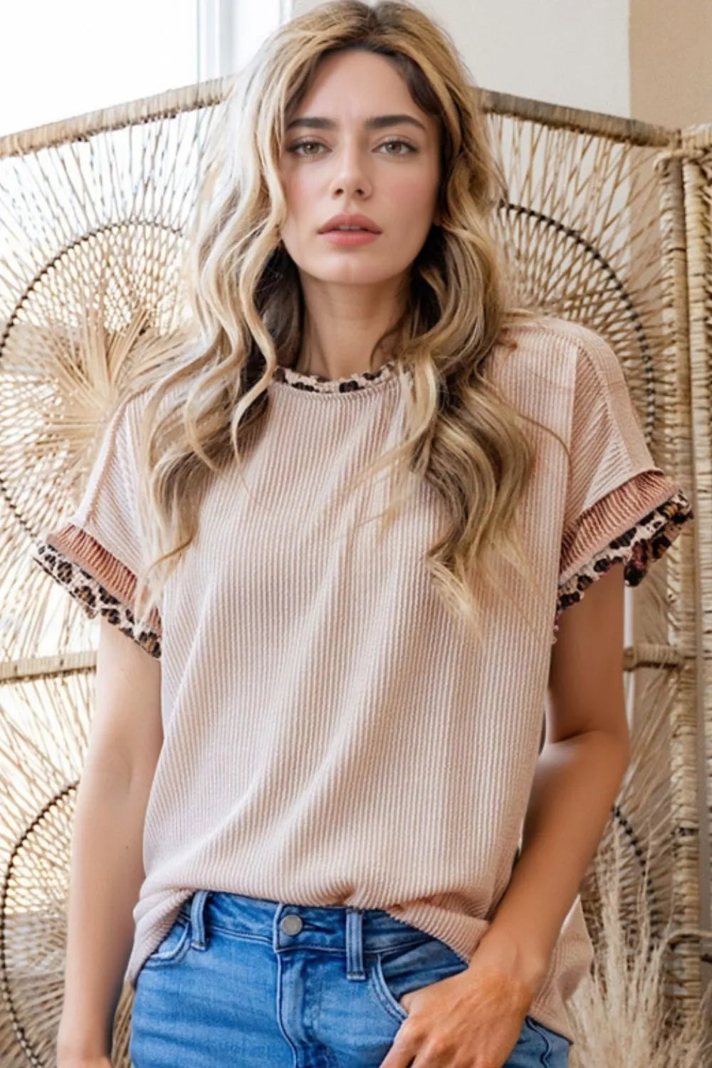 Leopard Trim Round Neck Ribbed T-Shirt-Nordavory