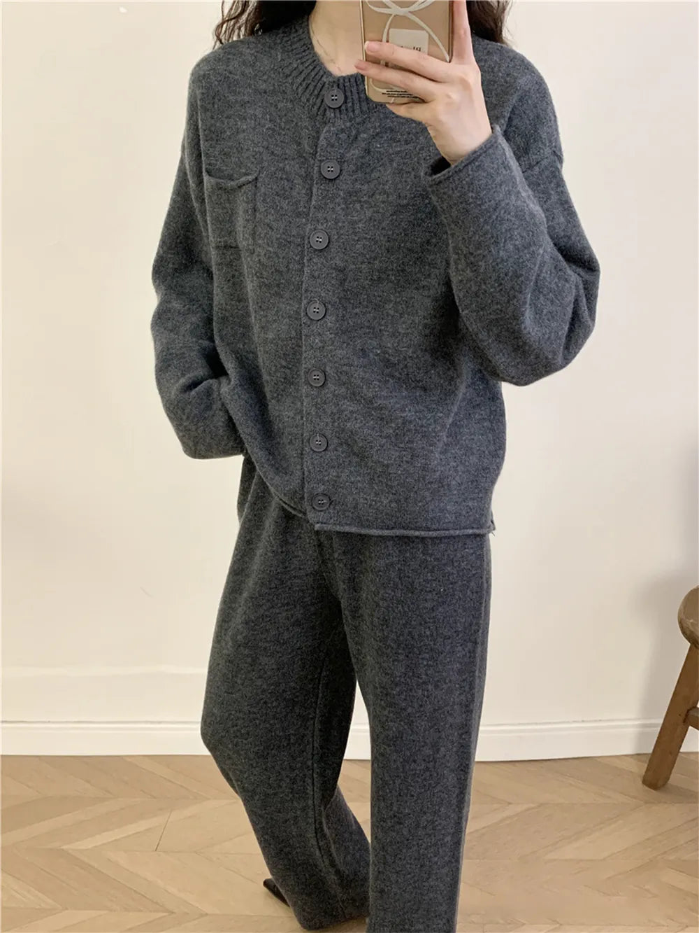 Pocketed Round Neck Button Up Cardigan and Pants Sweater Set-Nordavory