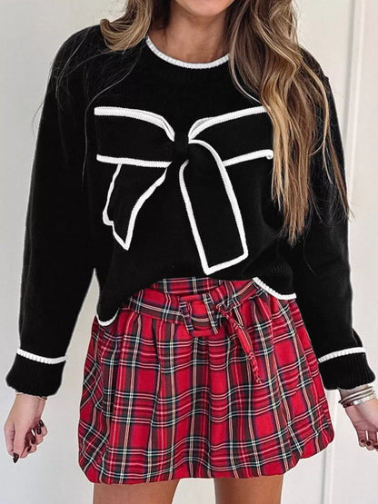 Contrast Trim Bow Accent Holiday Cropped Sweater-Nordavory