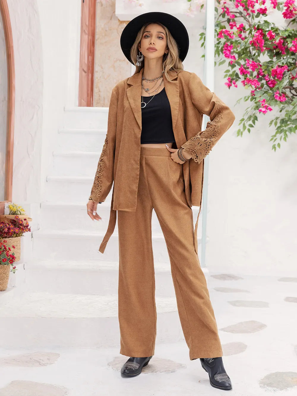 Lace Detail Collared Neck Top and Pants Set-Nordavory