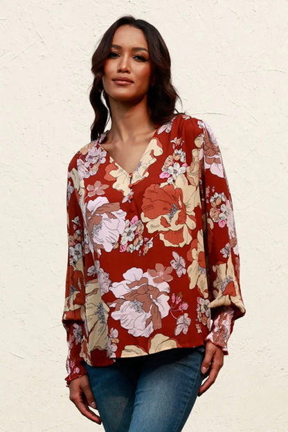 Floral V-Neck Smocked Lantern Sleeve Blouse-Nordavory