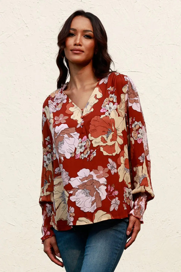Floral V-Neck Smocked Lantern Sleeve Blouse-Nordavory