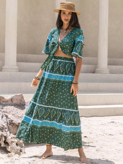 Tie Front Half Sleeve Top and Skirt Set-Nordavory