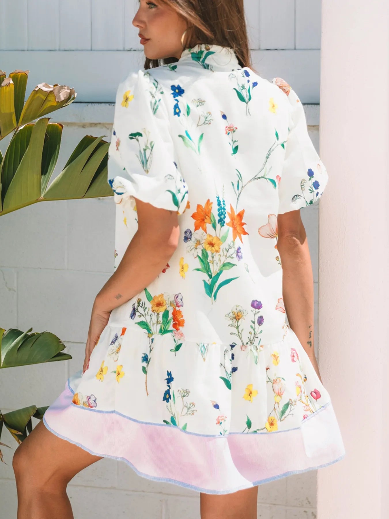 Floral Print Notched Short Sleeve Dress-Nordavory