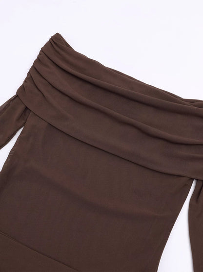 Off-Shoulder Ruched Long Sleeve Maxi Dress-Nordavory