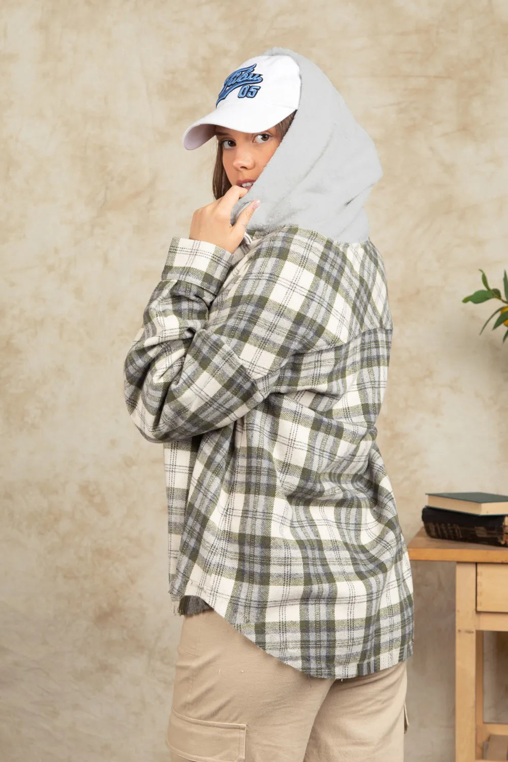Drawstring Plaid Long Sleeve Hooded Jacket-Nordavory