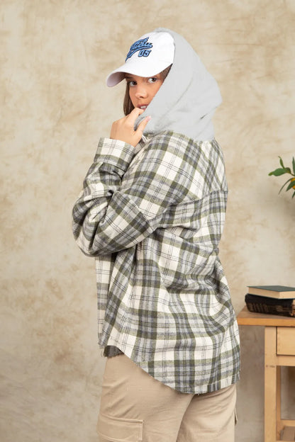 Drawstring Plaid Long Sleeve Hooded Jacket-Nordavory