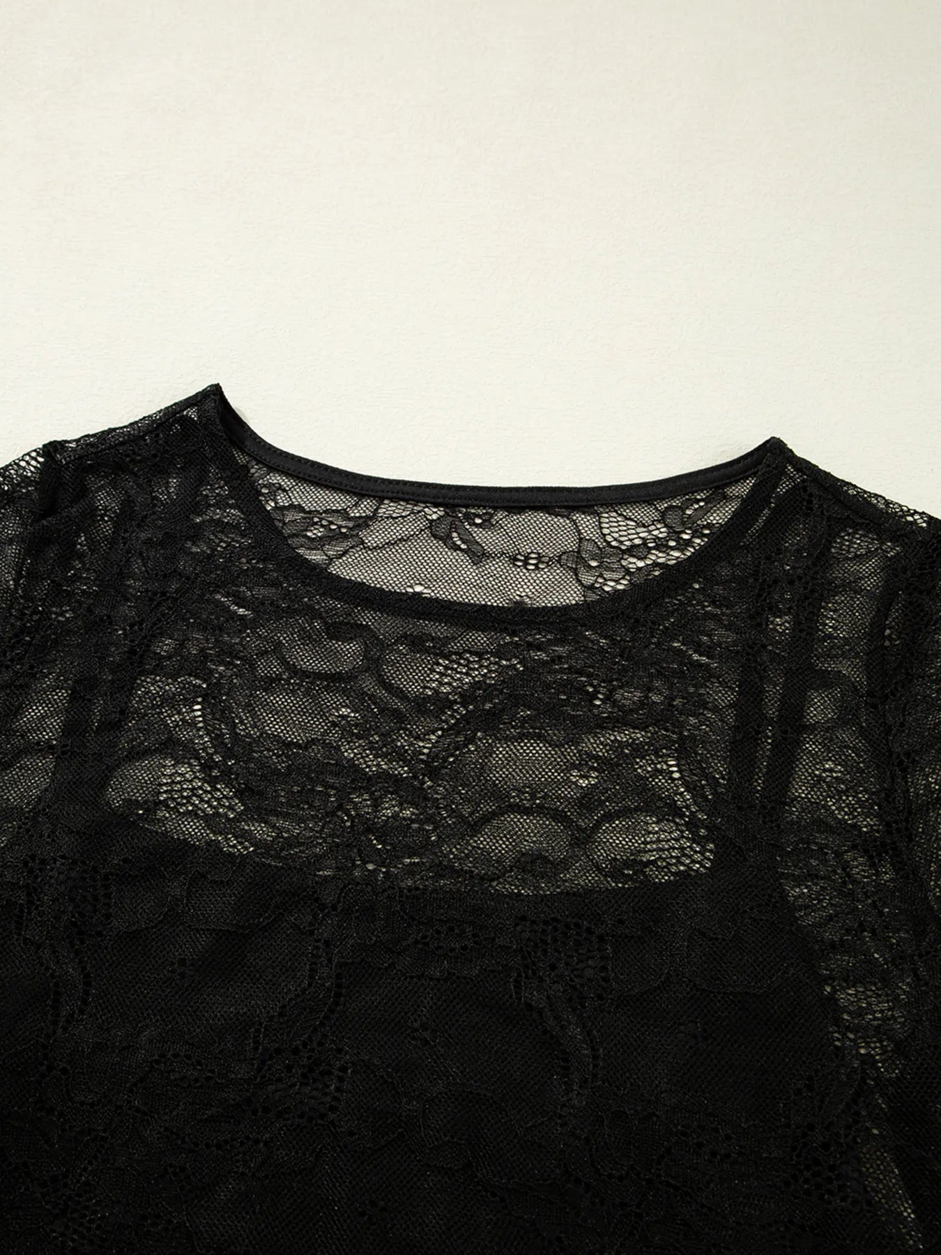 Lace Crochet Mesh Patched Slim Fit Long Sleeve Top-Nordavory