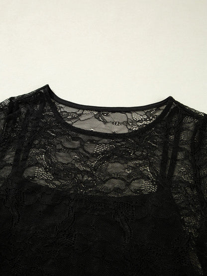 Lace Crochet Mesh Patched Slim Fit Long Sleeve Top-Nordavory
