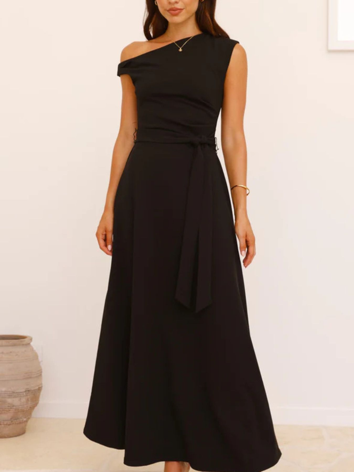 Single Shoulder Tie Waist Maxi Dress-Nordavory