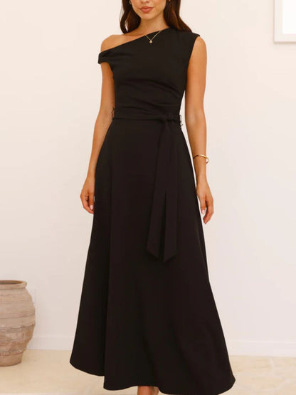 Single Shoulder Tie Waist Maxi Dress-Nordavory
