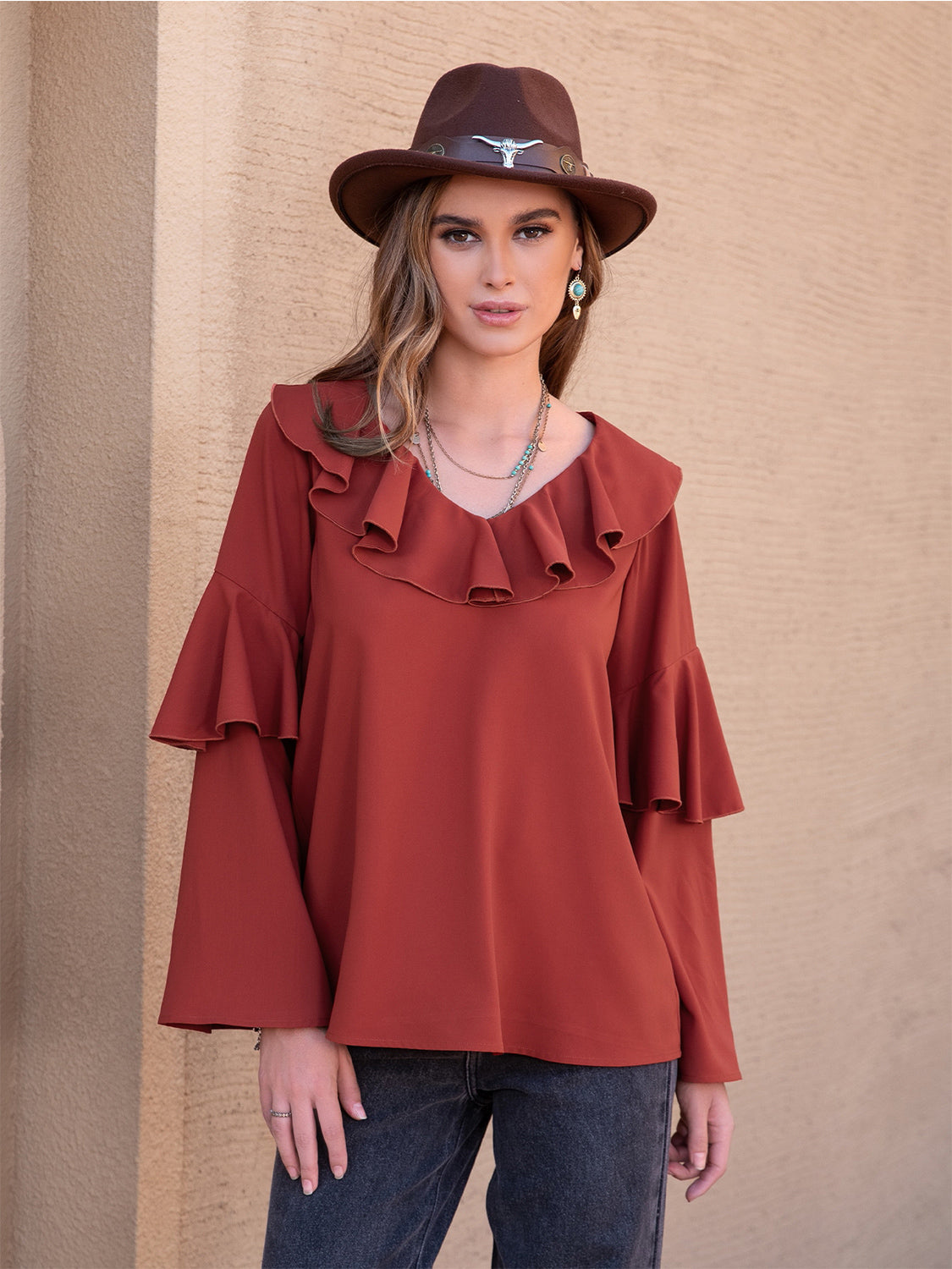 Statement Collar Long Sleeve Blouse-Nordavory