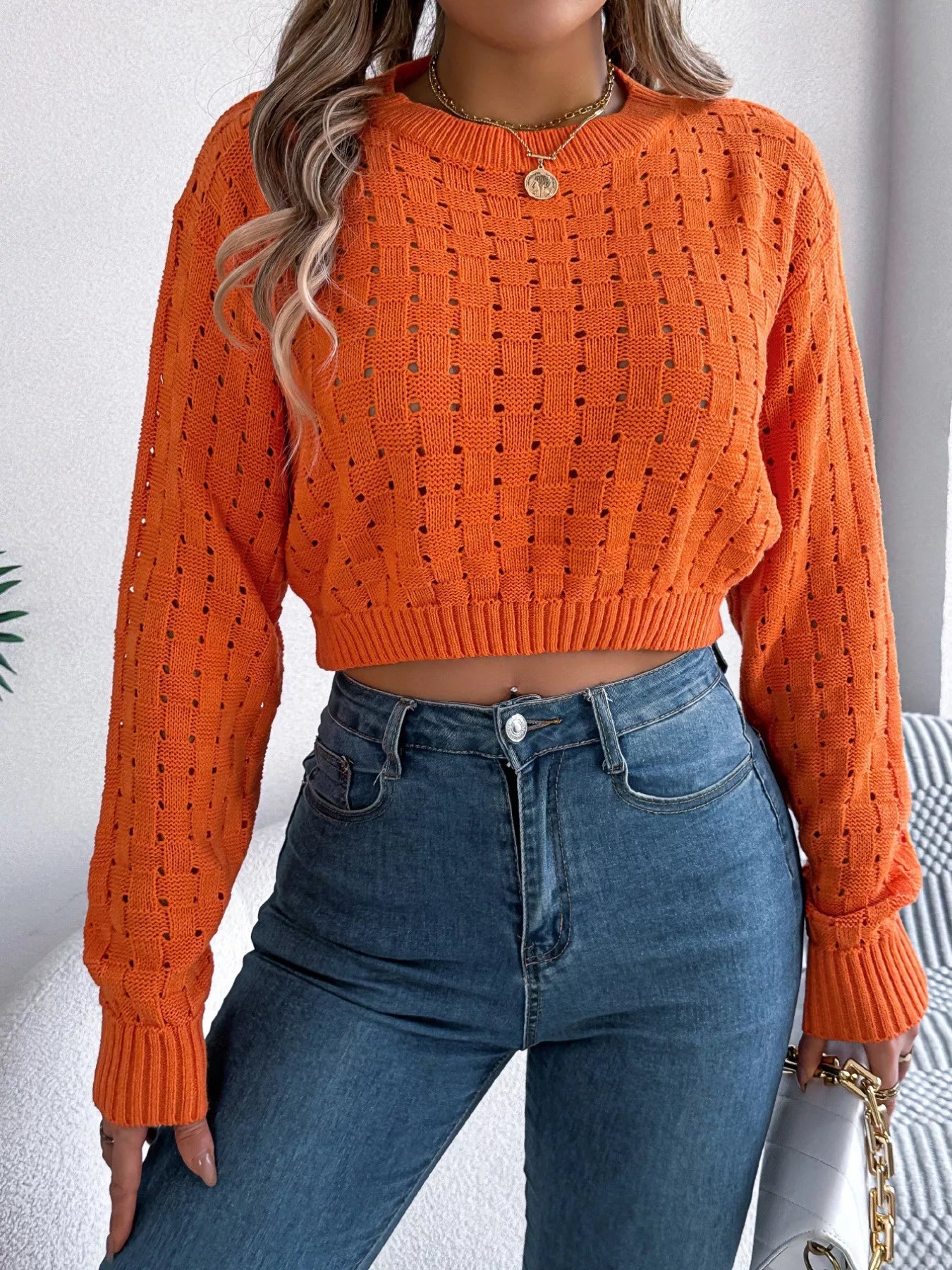 Cutout Back Openwork Round Neck Long Sleeve Sweater-Nordavory