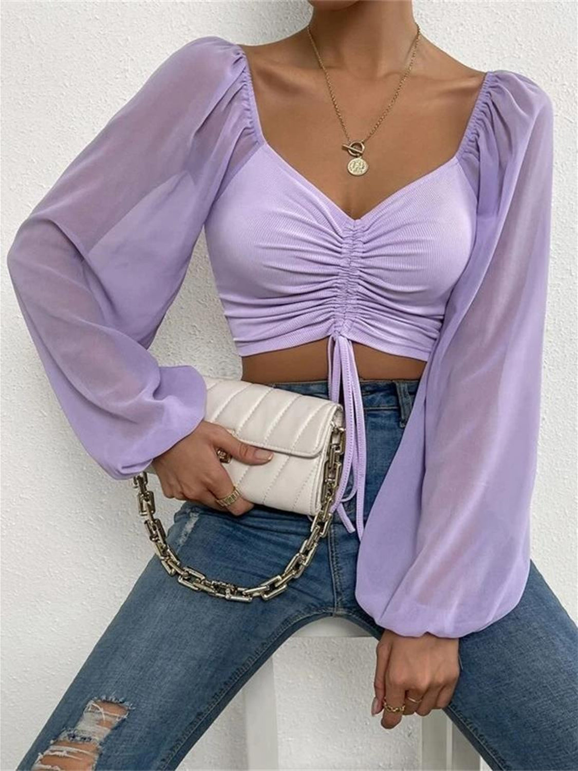 Drawstring Sweetheart Neck Cropped Top-Nordavory