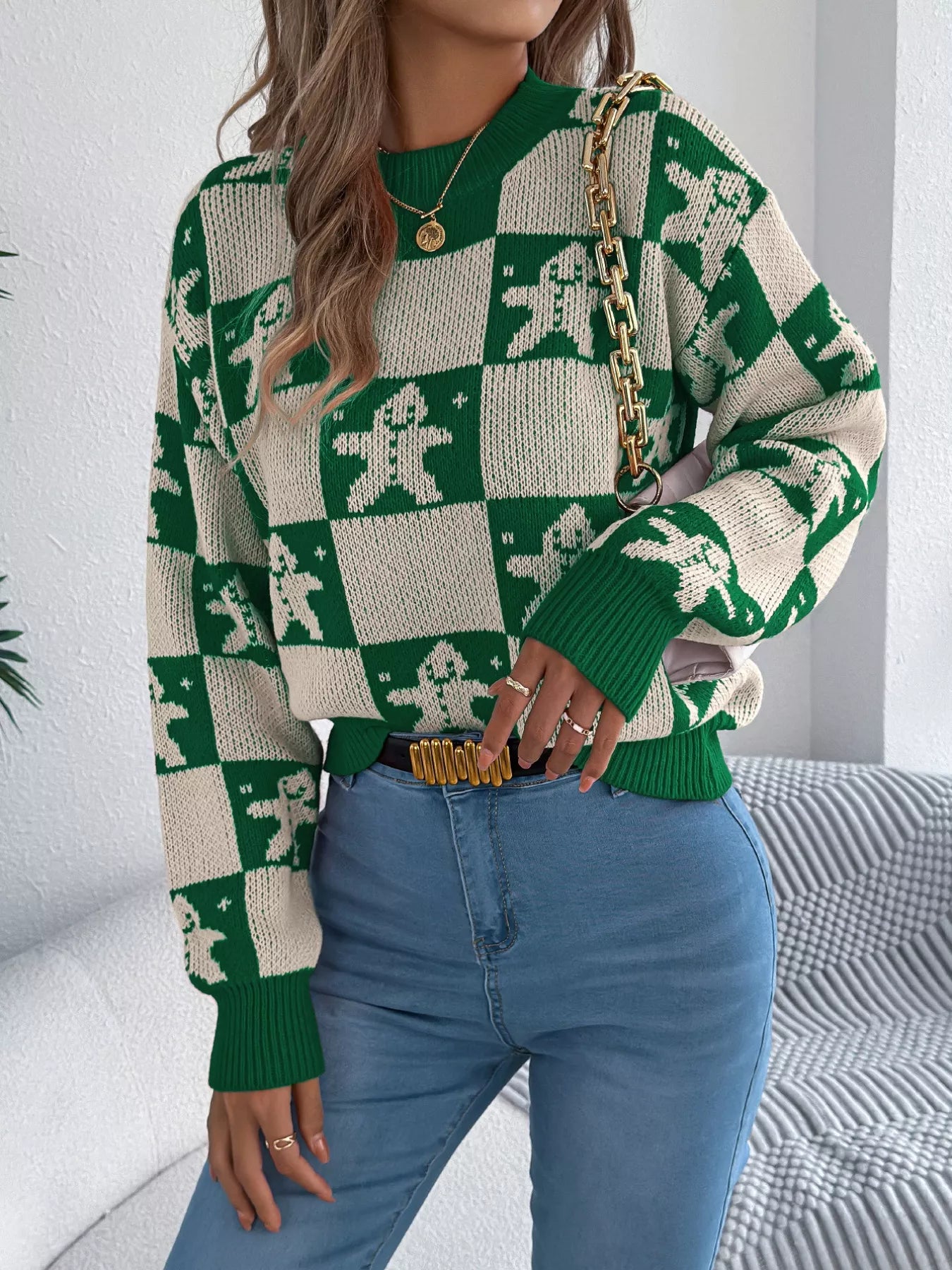 Christmas Checkerboard Gingerbread Round Neck Sweater-Nordavory