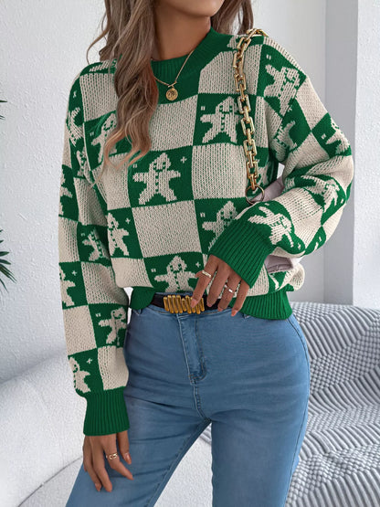 Christmas Checkerboard Gingerbread Round Neck Sweater-Nordavory