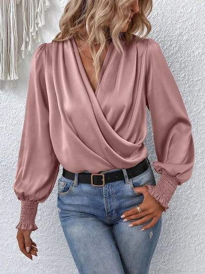 Surplice Smocked Lantern Sleeve Blouse-Nordavory