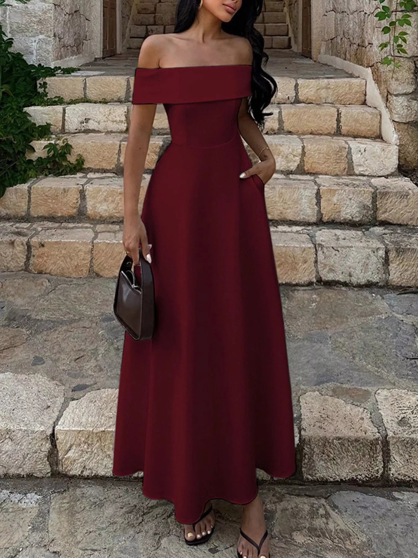 Off-Shoulder A-Line Maxi Dress-Nordavory
