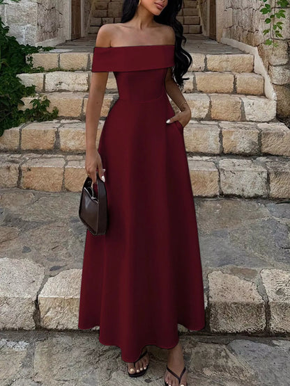 Off-Shoulder A-Line Maxi Dress-Nordavory