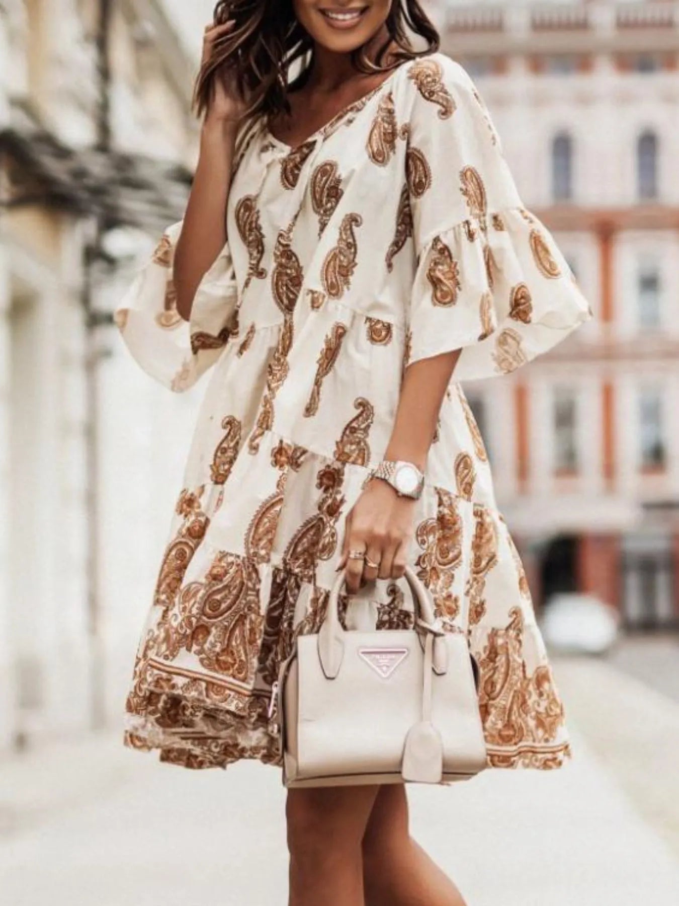 Paisley Print Tie Neck Half Sleeve Mini Dress-Nordavory
