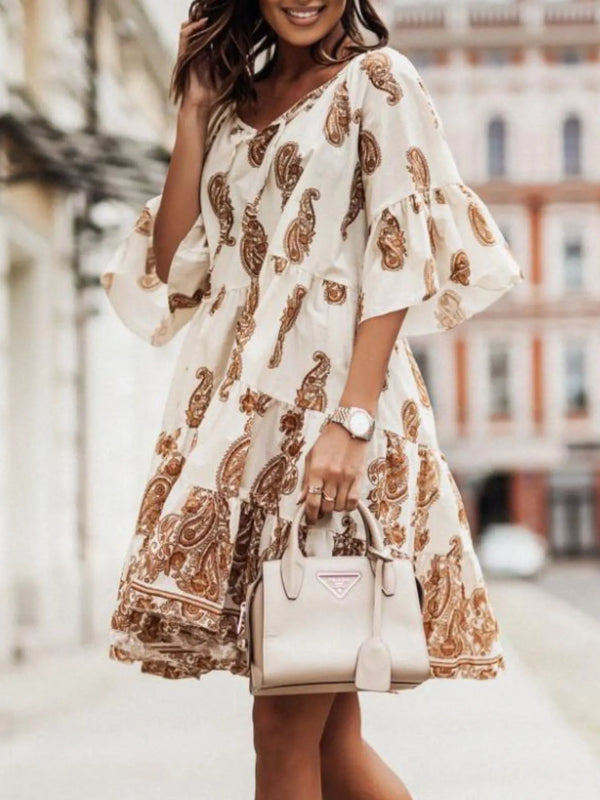 Paisley Print Tie Neck Half Sleeve Mini Dress-Nordavory