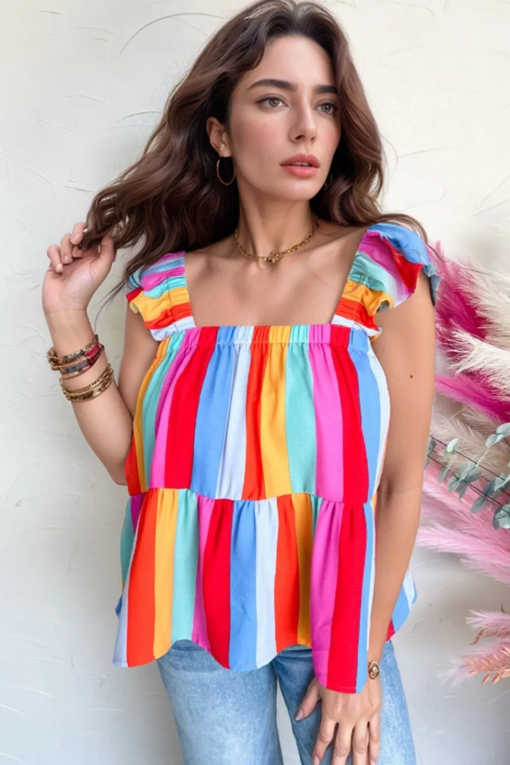 Stripe Ruffled Straps Babydoll Cami-Nordavory